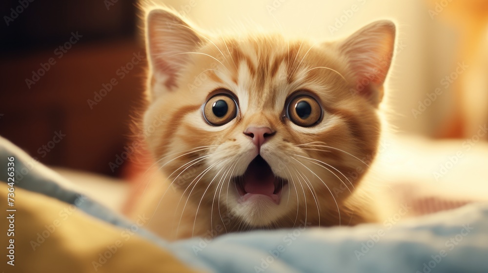 Close-up of an adorable ginger kitten with large eyes, playing 