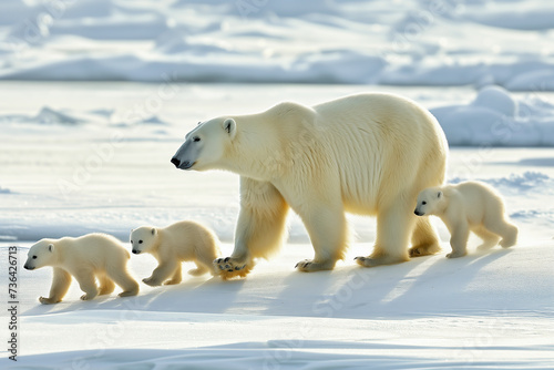Polar bear (Ursus maritimus) mother and cubs on the pack ice, north of Svalbard Arctic Norway
