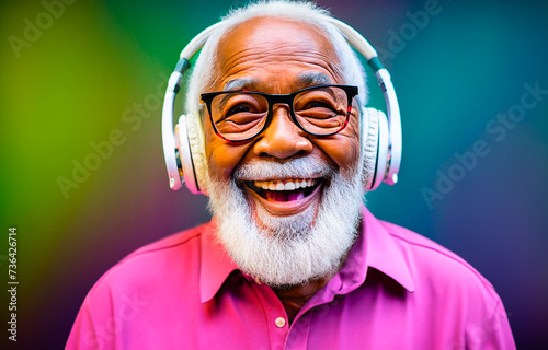 Portrait of afro american elderly man enjoy listening to music. Excited people in multicolor dress