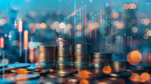 Stacked coins in various denominations with a digital stock market display in the background  all set against a bokeh of city lights  illustrating concepts of finance and investment.