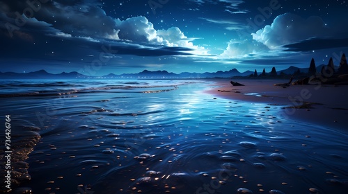 A tranquil cobalt blue ocean at twilight, with the moon's reflection shimmering on the water's surface