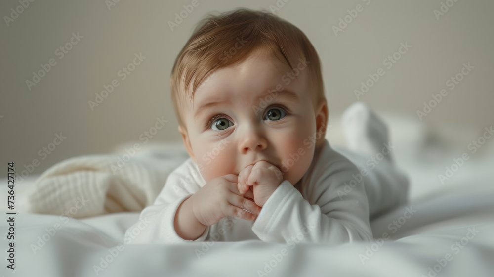happy baby with blue eyes is lying on their tummy on a textured blanket with pillows in the background. happy baby with blue eyes is lying on their tummy on a textured blanket with pillows in the background.