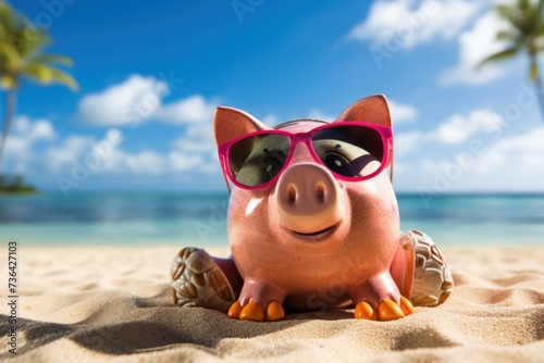 Sun-soaked Piggy bank on beach. Tropical save holiday. Generate Ai © juliars