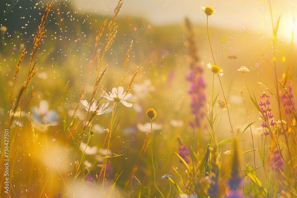 Capture a dreamy scene of a vast meadow bathed in warm sunlight. 