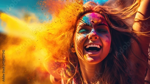young woman celebrating holi festival outdoors. Fun with colours. A vibrant splash of colors