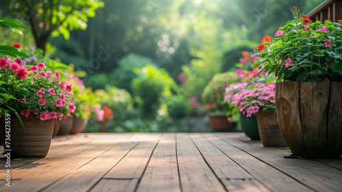 A beautifully arranged garden deck bathed in the soft, ethereal light of morning sun, wooden and well-maintained deck is adorned with array of potted flowering plants that burst with vibrant colors