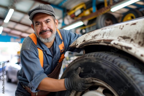 A jovial mechanic proudly displays his expertise as he holds a tire, donning overalls and a hat while showcasing the intricate tread of the auto part with a smile on his face, either indoors or outdo