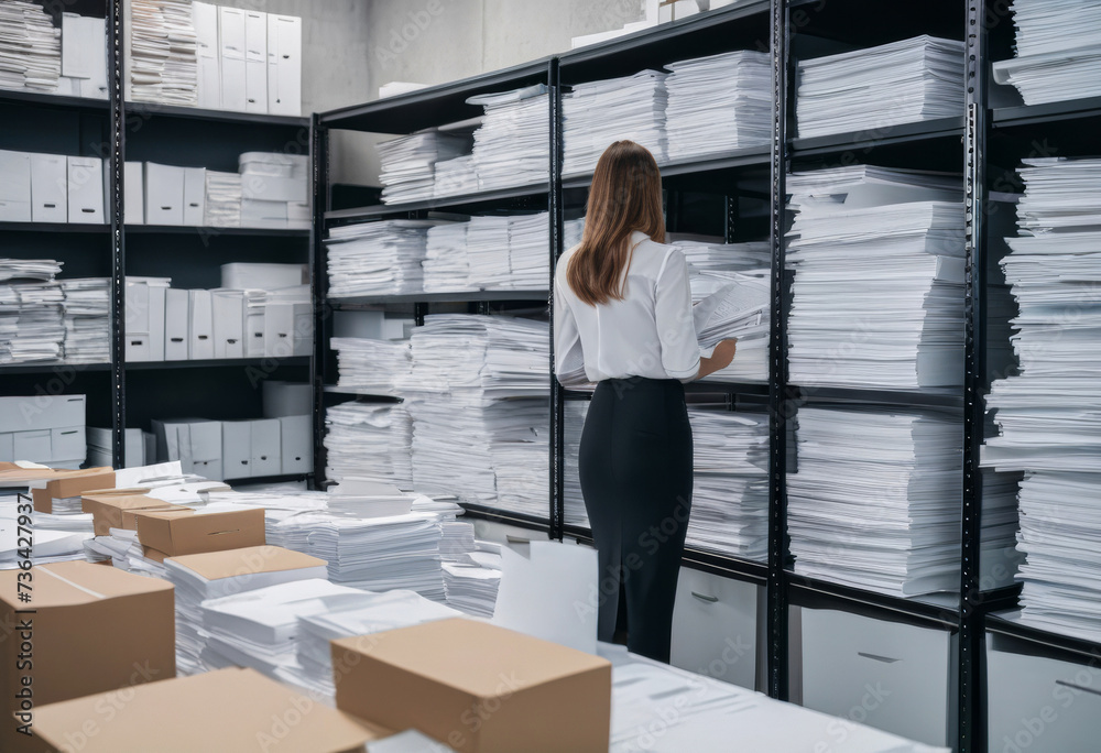 Woman archiving paper documents at office. Stacks of papers, documents and folders in the background - obrazy, fototapety, plakaty 