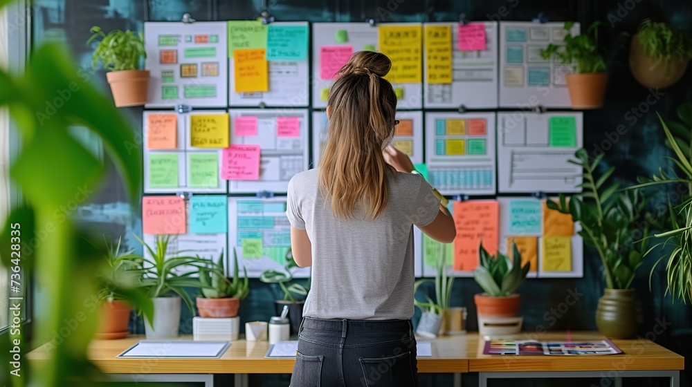 Rear view of a focused woman with a bun hairstyle analyzing a detailed project board with sticky notes in a modern office setting.