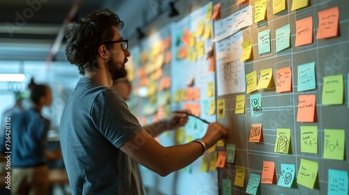 Focused young male professional organizing ideas using colorful sticky notes on a glass wall in a collaborative workspace.