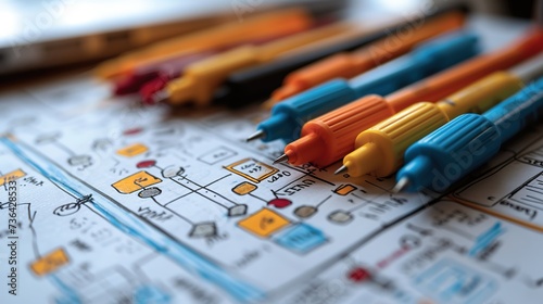A selection of bright, colored markers lies on top of a detailed project management workflow chart, planning and organization concept.