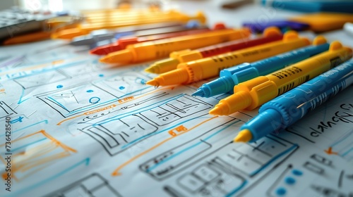 An array of colorful markers rests on a detailed architectural blueprint, highlighting the creative and planning stages of design.