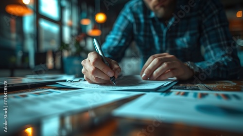 Focused businessman in a casual shirt working on analyzing financial reports with a pen in a well-lit modern office setting.