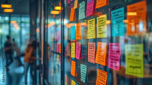 A vibrant display of colorful sticky notes on a glass wall in a busy office environment, signifying teamwork and planning.