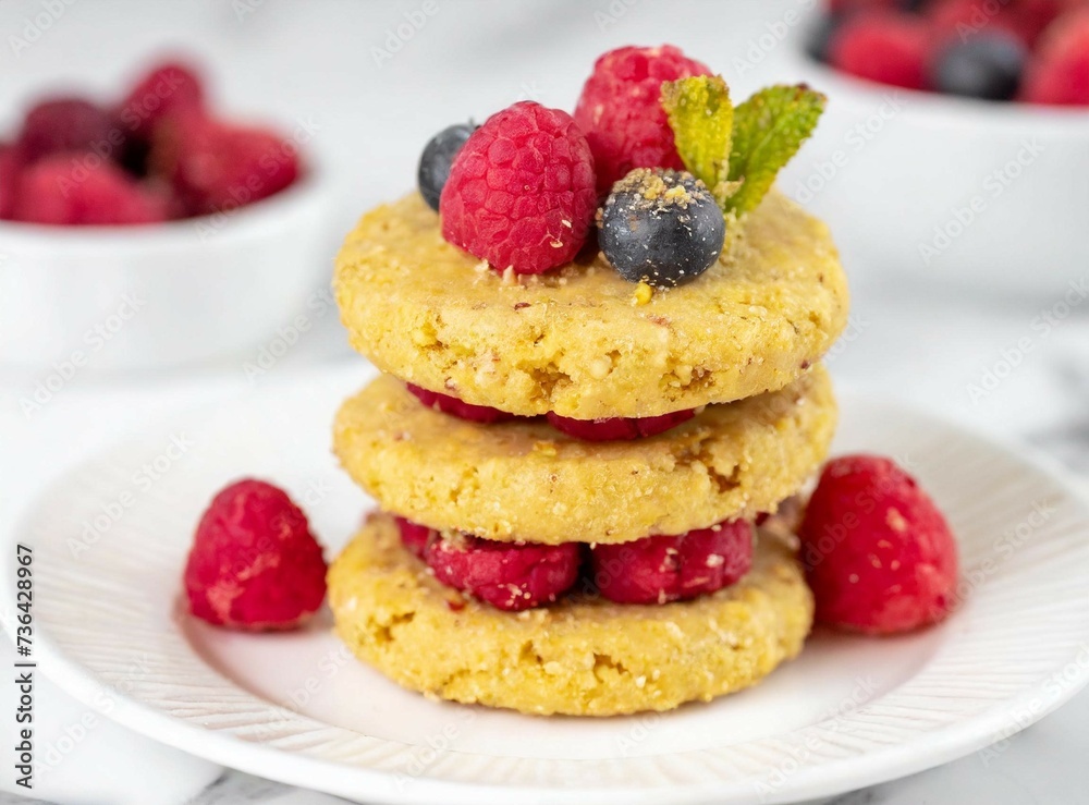 Mixed Berry Cornmeal Biscuit Shortcakes closeup isolated on white plate isolated Mixed Berry Cornmeal Biscuit Shortcakes closeup isolated on white plate isolated