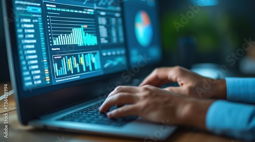 Business analyst's hands at work on a laptop, closely examining advanced data metrics and business intelligence displayed on a high-resolution screen.