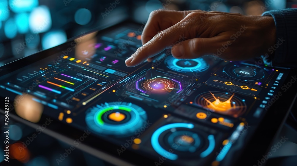Obraz premium A person interacting with an advanced DJ touch interface with glowing controls and dials, signifying modern music technology.