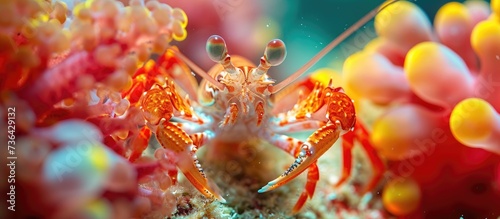 Underwater macro photography of Emperor shrimp capturing details of red crab, amidst tropical marine life, while scuba diving on the reef. photo