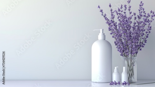 Over a white backdrop  a white care bottle mockup with a free label or urn of lavenders space  Generative AI.