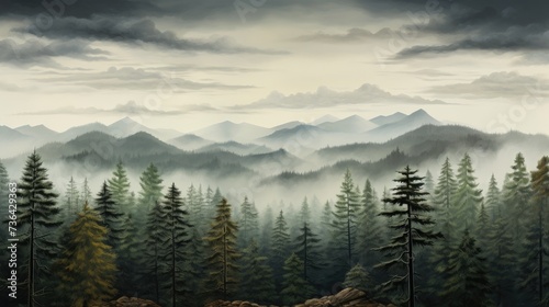 Misty pine forest background. Natural background. Camping. vacation 