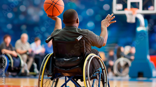 Portrait of a man in a wheelchair playing and enjoying basketball. Example of improvement.