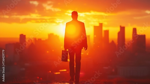 A businessman's silhouette is seen against the bright sunlight of dawn, symbolizing new beginnings and opportunities ahead in the city.