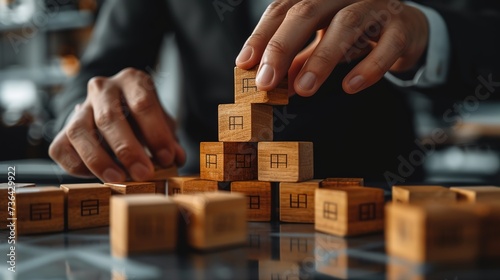 Close-up of a person stacking wooden blocks shaped like houses, symbolizing business or real estate growth.