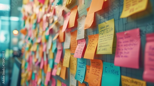 A vibrant display of multi-colored post-it notes attached to a grid wall in a modern office setting.