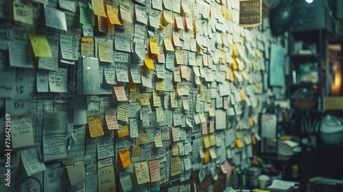 An office wall densely packed with colorful post-it notes, displaying a scene of organized chaos. photo