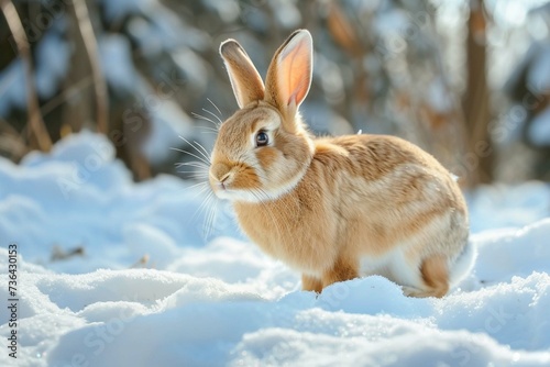 cute rabbit in snow looking at us, closeup, side angle