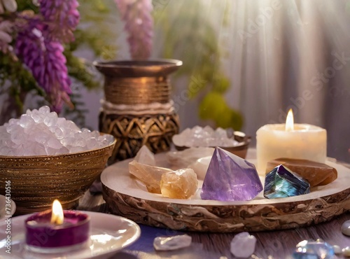Reiki crystals altar. Creating sacred meditation space with good vibes for home  relaxation and mental health