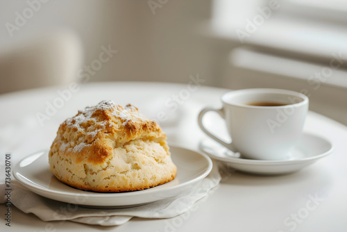 design for cafe ad, coffee and scone, french cookie. delight. minimalistic. fresh coffee in the morning. breakfast. copy space. pastry