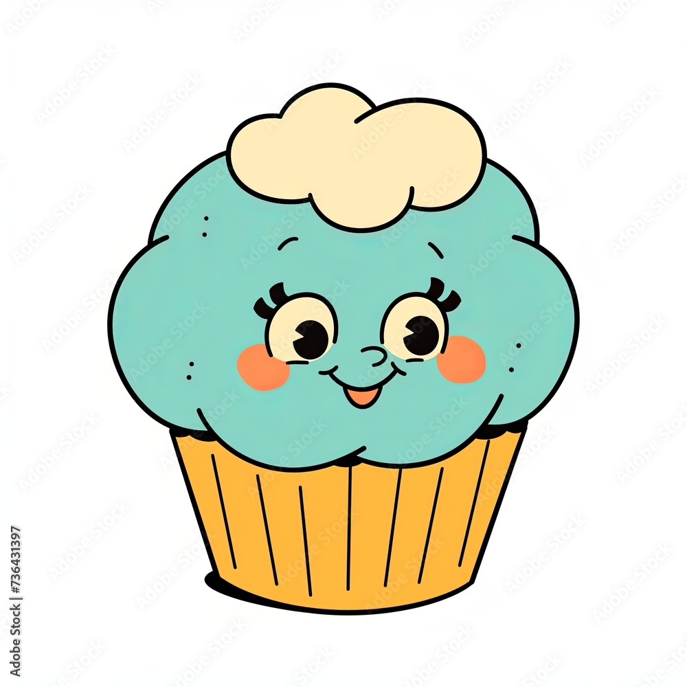 Happy blue muffin with face isolated on white background. Retro cartoon illustration. Groovy style, 60s. Retro aesthetics. Design for sticker, print, clipart. Happy blue muffin with face isolated on white background. Retro cartoon illustration. Groovy style, 60s. Retro aesthetics. Design for sticker, print, clipart.