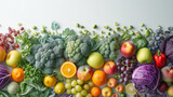 a vibrant display of assorted fruits and vegetables arranged in a gradient of colors from red to green, showcasing a variety of shapes and sizes.