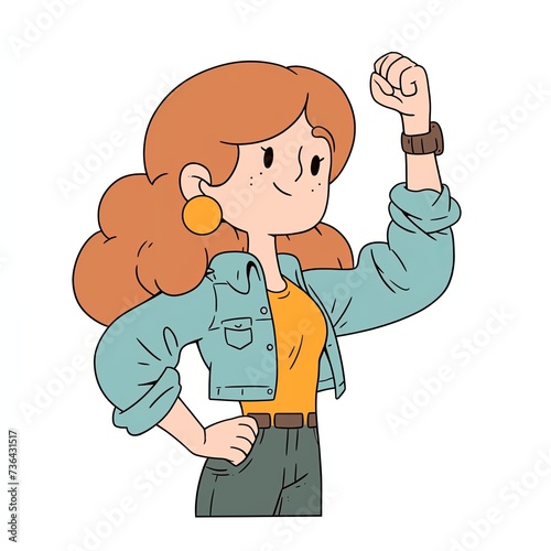Woman shows her power isolated on white background. Retro cartoon illustration. Groovy style, 60s. Retro aesthetics. Design for sticker, print, clipart. Women's Day, feminism