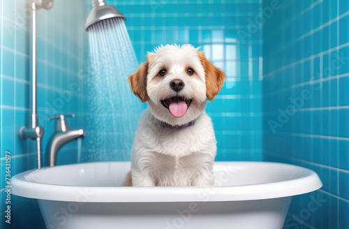 Funny portrait of dog taking shower on bathroom at pet grooming salon © Lana-Fotini