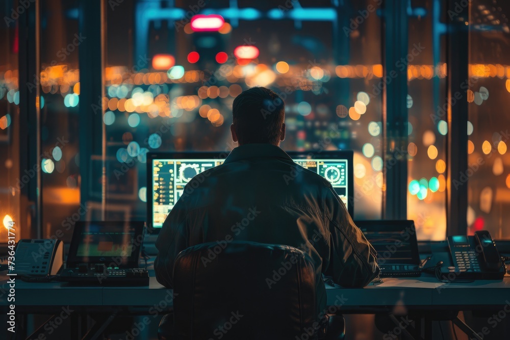 Rear view of a air traffic male controller at his position