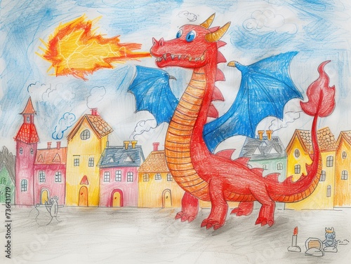 dragon spout fire burning the city, children's draw on drawing book using crayon © nahwul