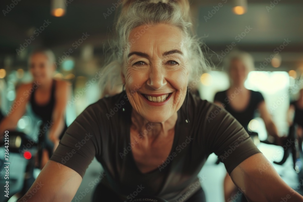 Smiling portrait of a senior woman on exercise bike in the gym