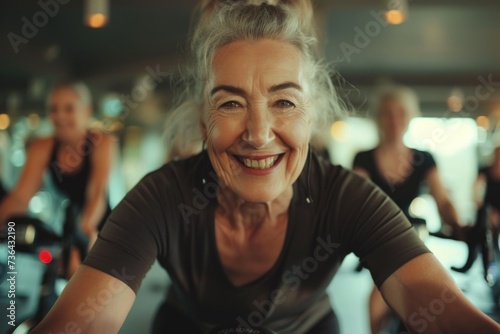 Smiling portrait of a senior woman on exercise bike in the gym