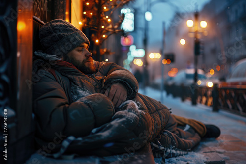 Homeless man sleeping in a sleeping bag on the sidewalk at dusk. photo