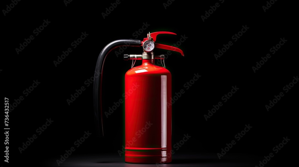 Obraz premium Red fire emergency fire extinguisher on a black background. Concept of safety. Copy space. 