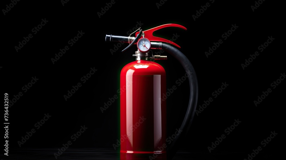 Red fire emergency fire extinguisher on a black background. Concept of safety. Copy space. Red fire emergency fire extinguisher on a black background. Concept of safety. Copy space.