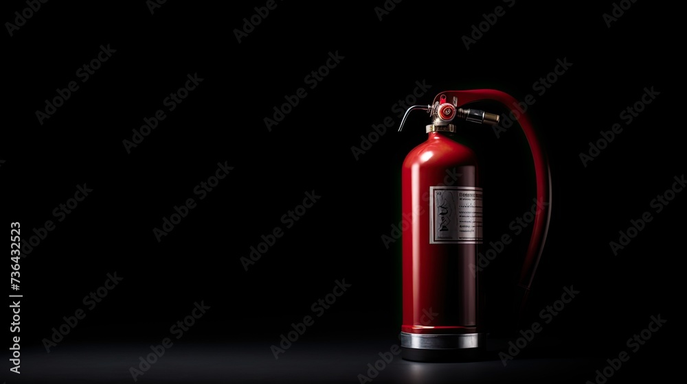 Red fire emergency fire extinguisher on a black background. Concept of safety. Copy space. Red fire emergency fire extinguisher on a black background. Concept of safety. Copy space.