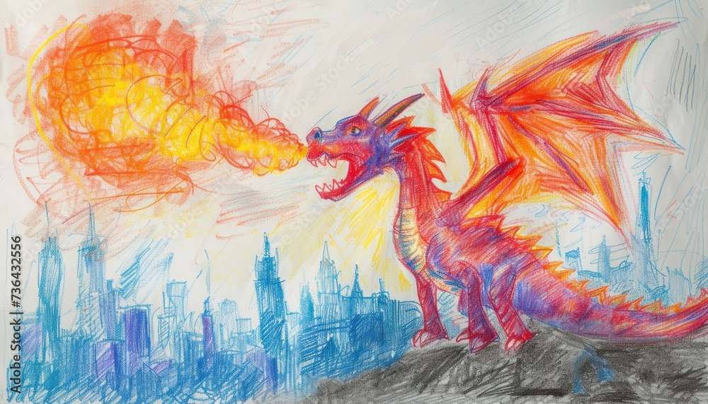dragon spout fire burning the city, children's draw on drawing book using crayon