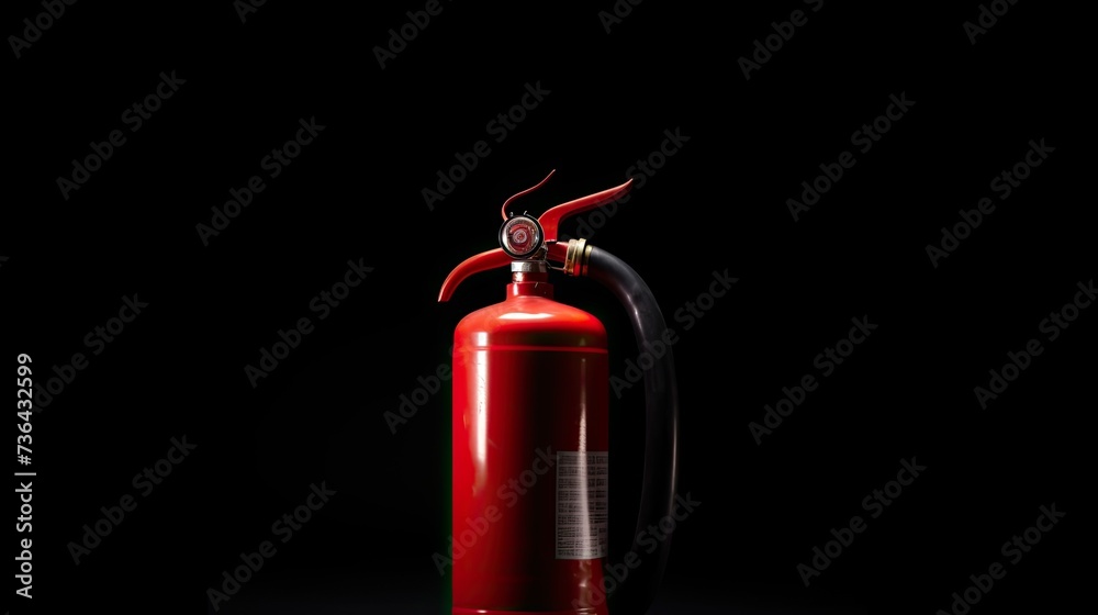 Obraz premium Red fire emergency fire extinguisher on a black background. Concept of safety. Copy space. 