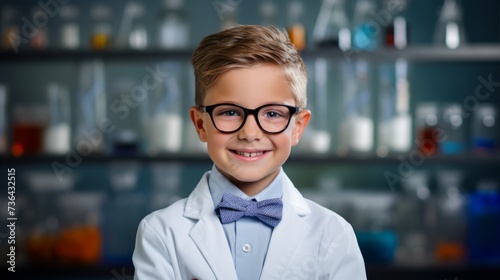 6 year old boy stands as a professor with a bow tie in front of a blackboard with formulas © Wolfilser