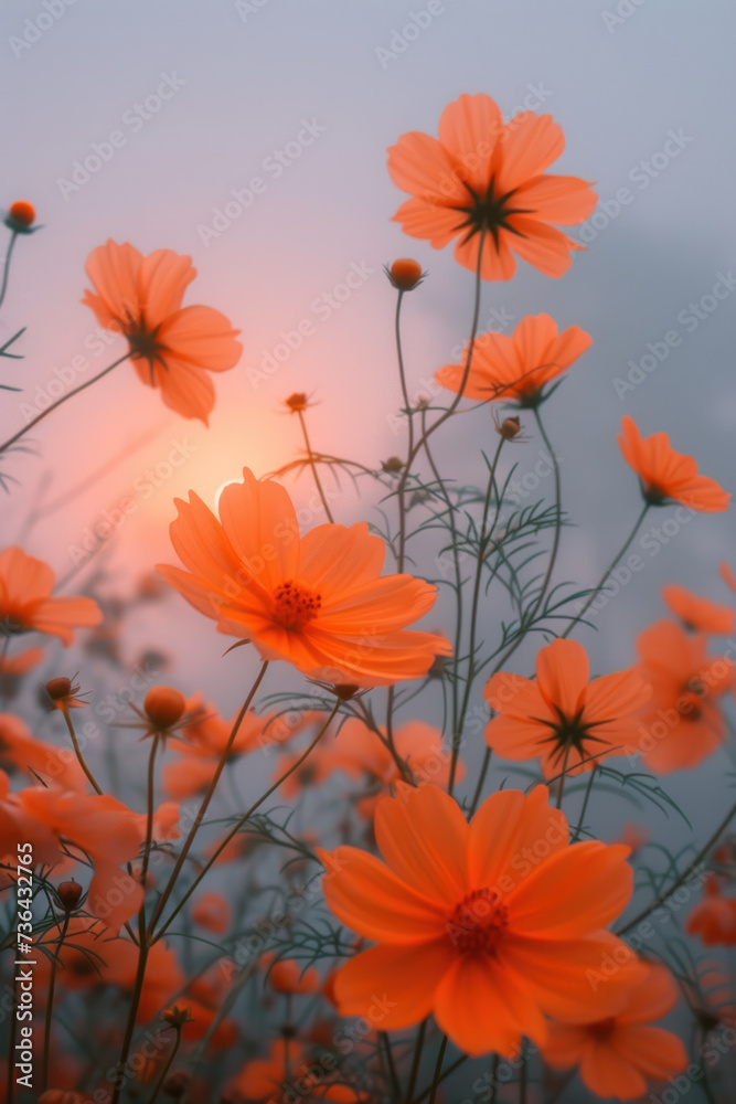 Orange cosmos flowers in the mist and fog, vertical background Orange cosmos flowers in the mist and fog, vertical background