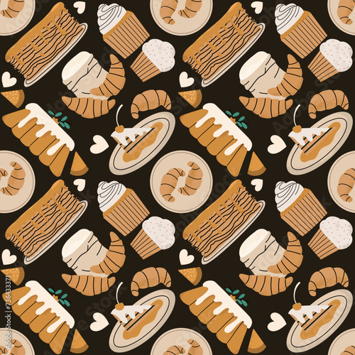 Bakery seamless pattern. Sweet food. Vector illustration in hand draw style.