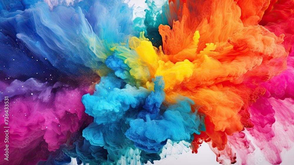Splash of color paint, explosion of colorful powder, abstract colorful background. Pattern of bright festive burst like in Holi festival. Concept of watercolor, explode, art